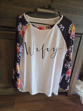 Wifey Floral Raglan Long Sleeve Top - White with Black Floral Sleeves LARGE